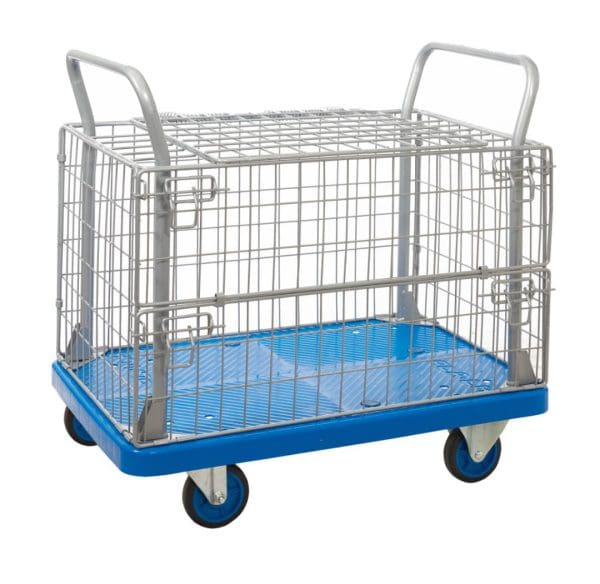 Proplaz Blue Platform Truck - Mesh with Hinged Lid Top & 1/2 Drop Side